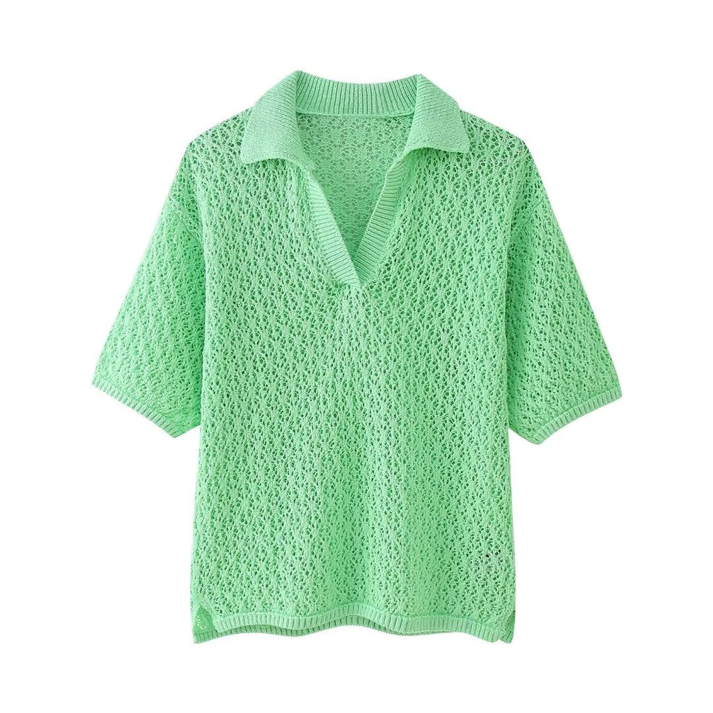 Women's Clothing Summer Jacquard Mesh Loose Polo Collar Knitwear