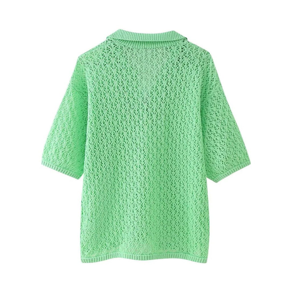 Women's Clothing Summer Jacquard Mesh Loose Polo Collar Knitwear