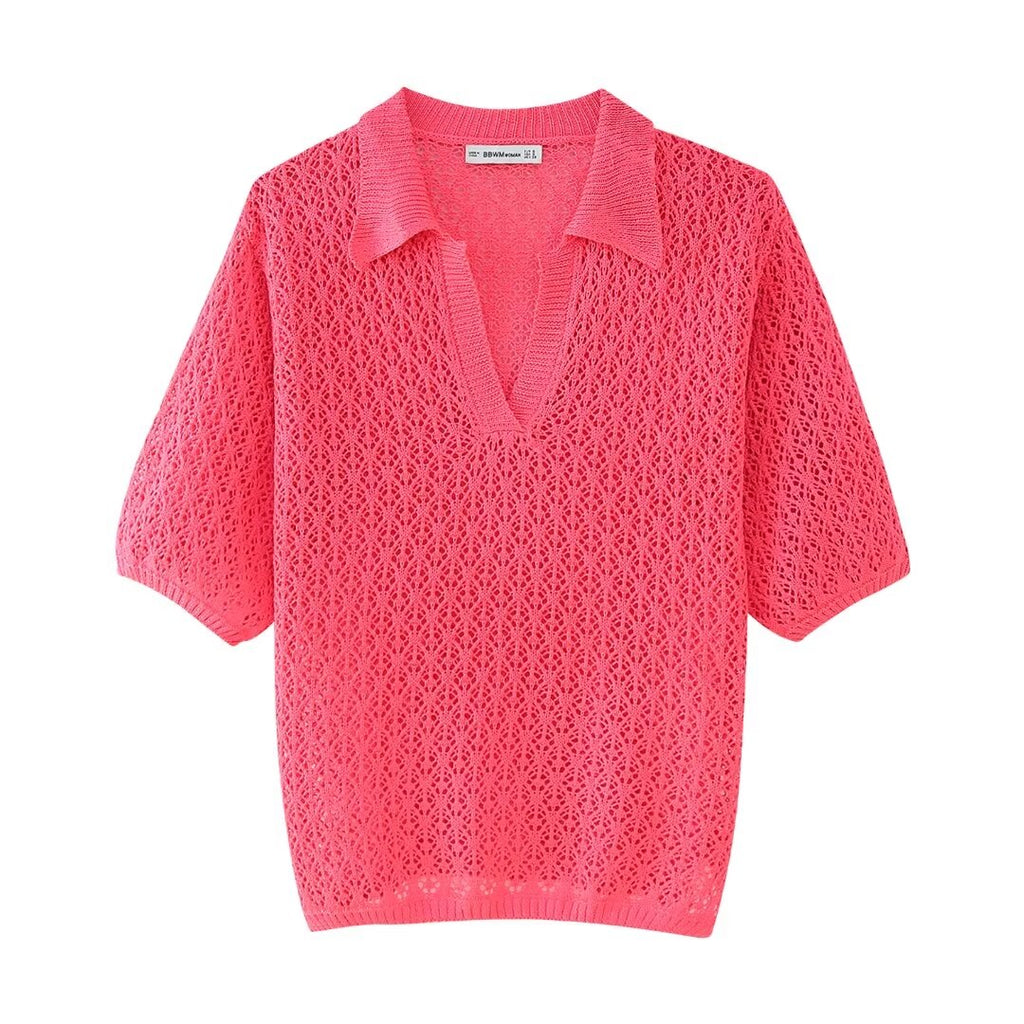 Women's Clothing Summer Jacquard Mesh Loose Polo Collar Knitwear