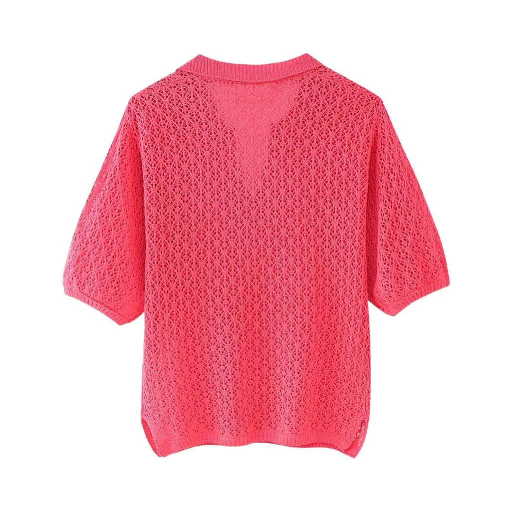 Women's Clothing Summer Jacquard Mesh Loose Polo Collar Knitwear