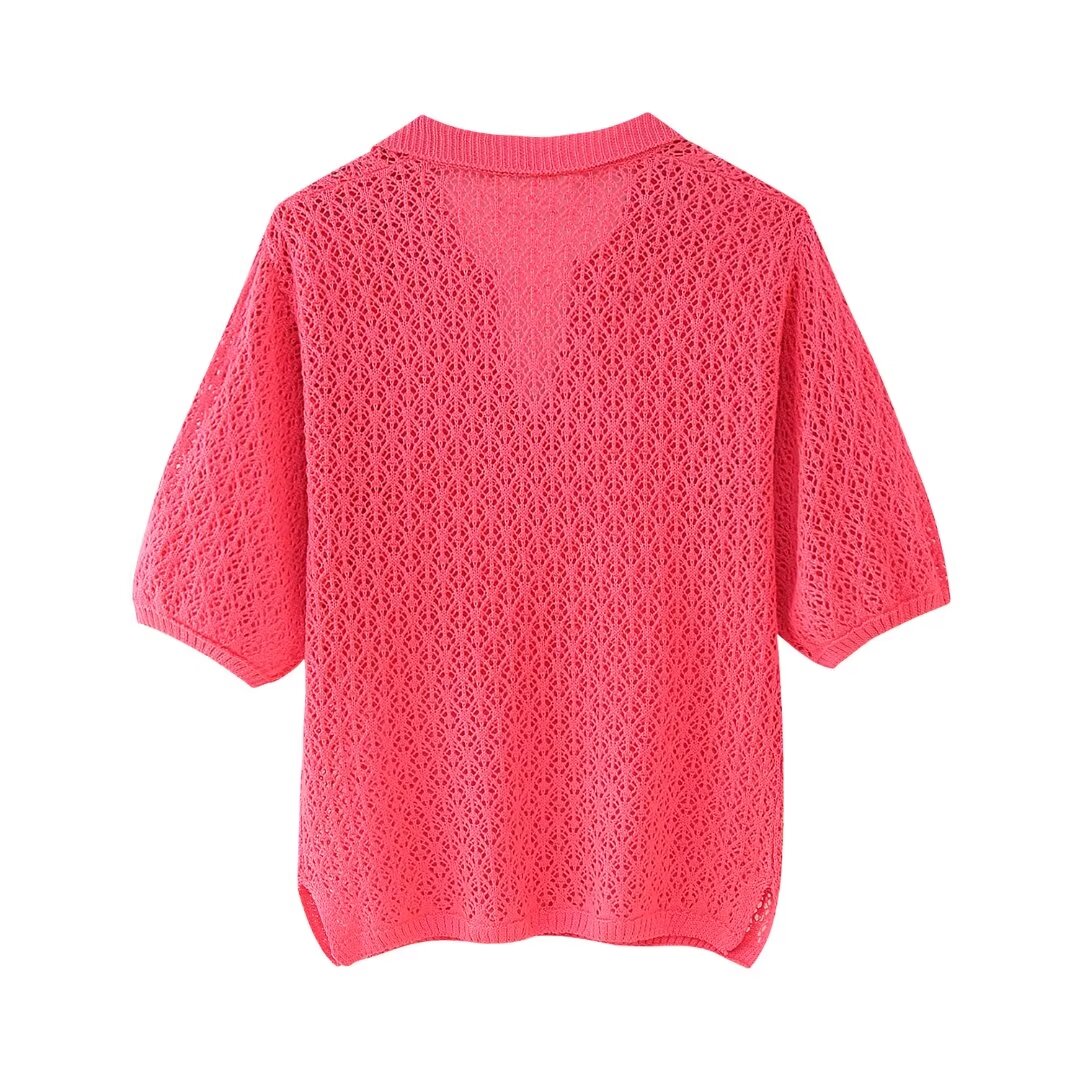 Women's Clothing Summer Jacquard Mesh Loose Polo Collar Knitwear