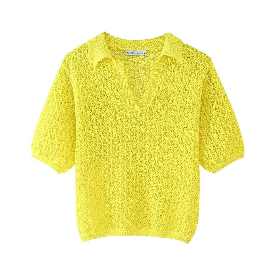 Women's Clothing Summer Jacquard Mesh Loose Polo Collar Knitwear