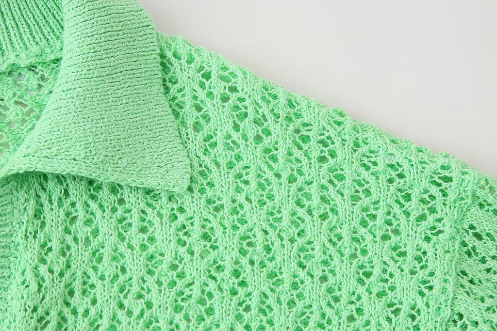 Women's Clothing Summer Jacquard Mesh Loose Polo Collar Knitwear