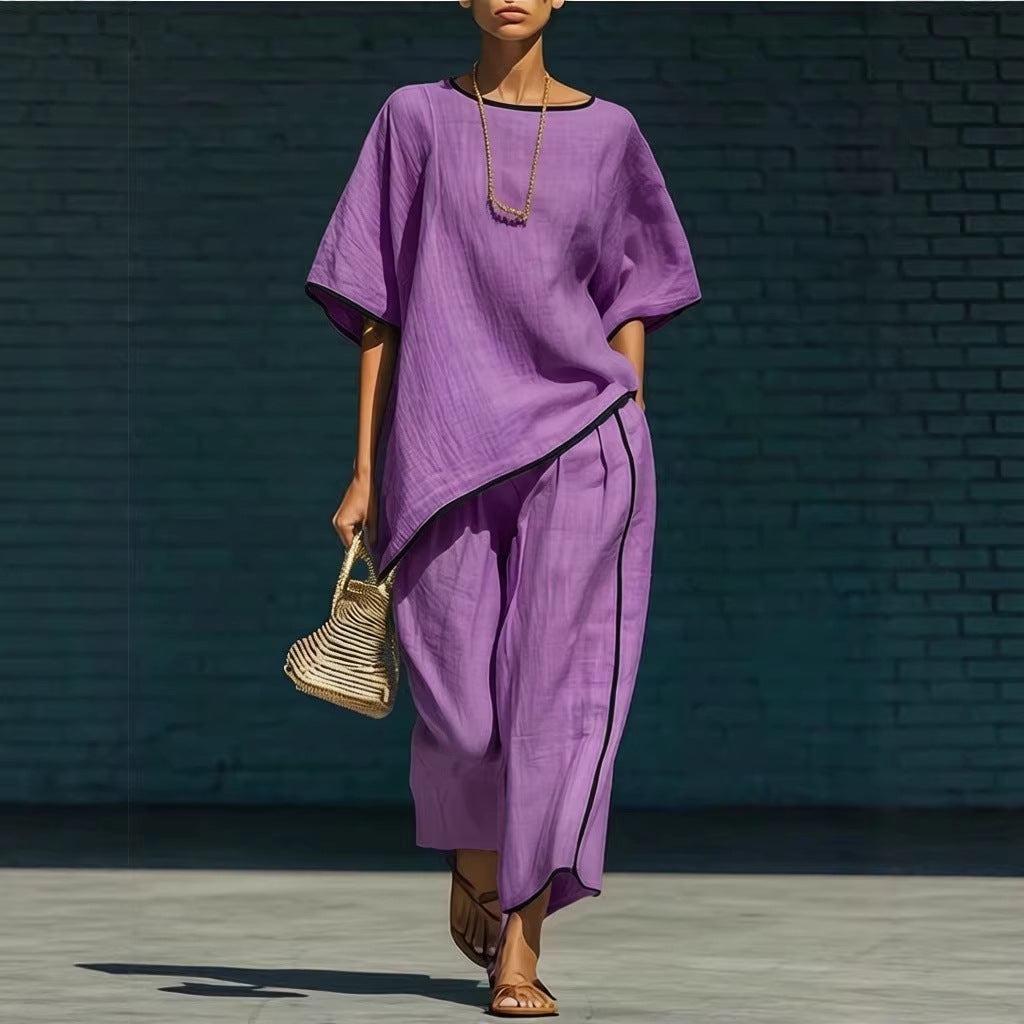 Ensemble haut et pantalon décontracté ample à manches courtes pour femme