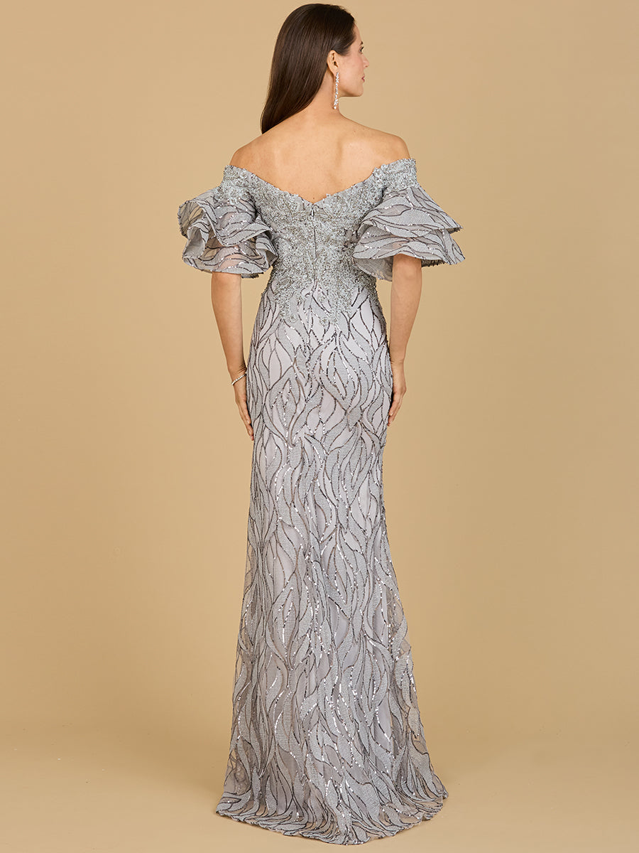 Robe sirène ornée de perles, épaules dénudées et manches à volants