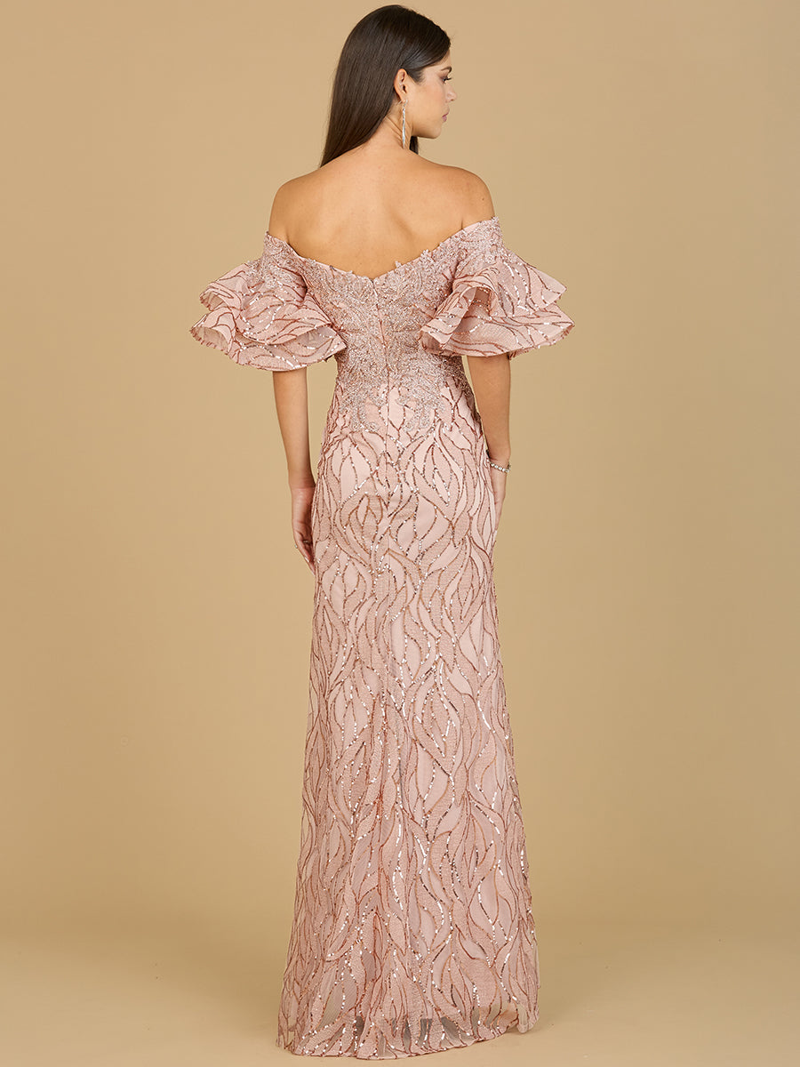 Robe sirène ornée de perles, épaules dénudées et manches à volants