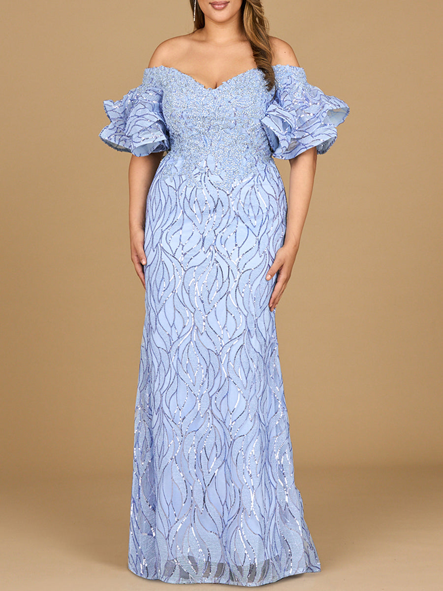 Robe sirène ornée de perles, épaules dénudées et manches à volants