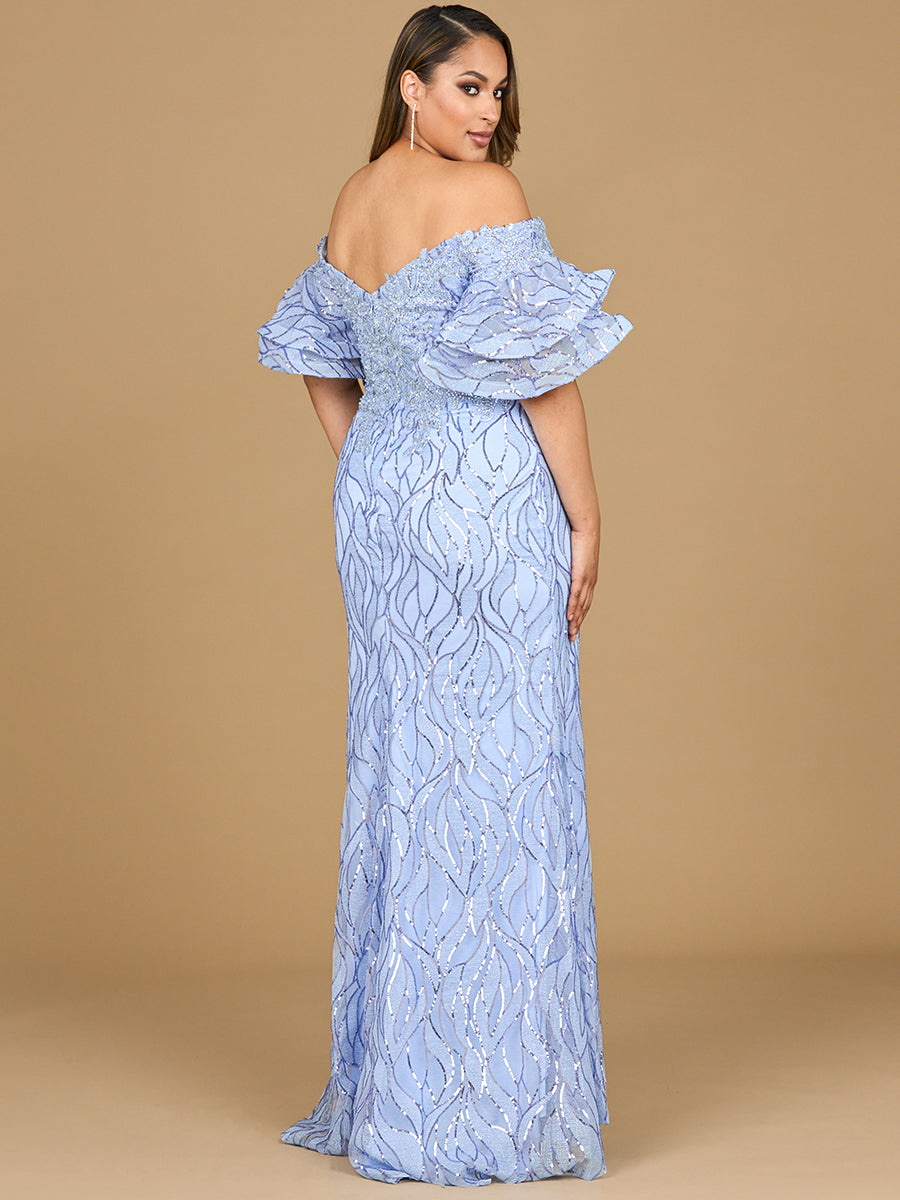 Robe sirène ornée de perles, épaules dénudées et manches à volants