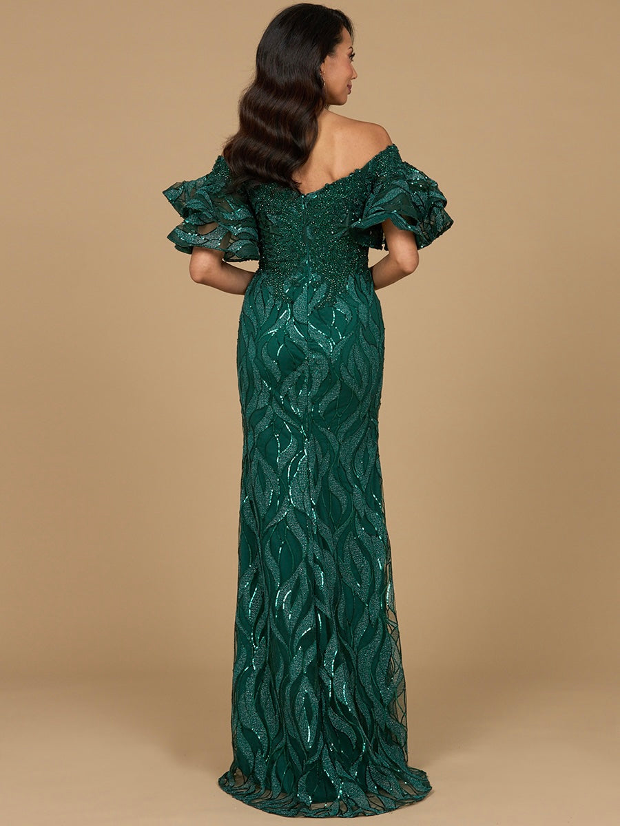 Robe sirène ornée de perles, épaules dénudées et manches à volants