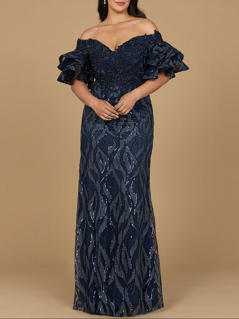 Robe sirène ornée de perles, épaules dénudées et manches à volants
