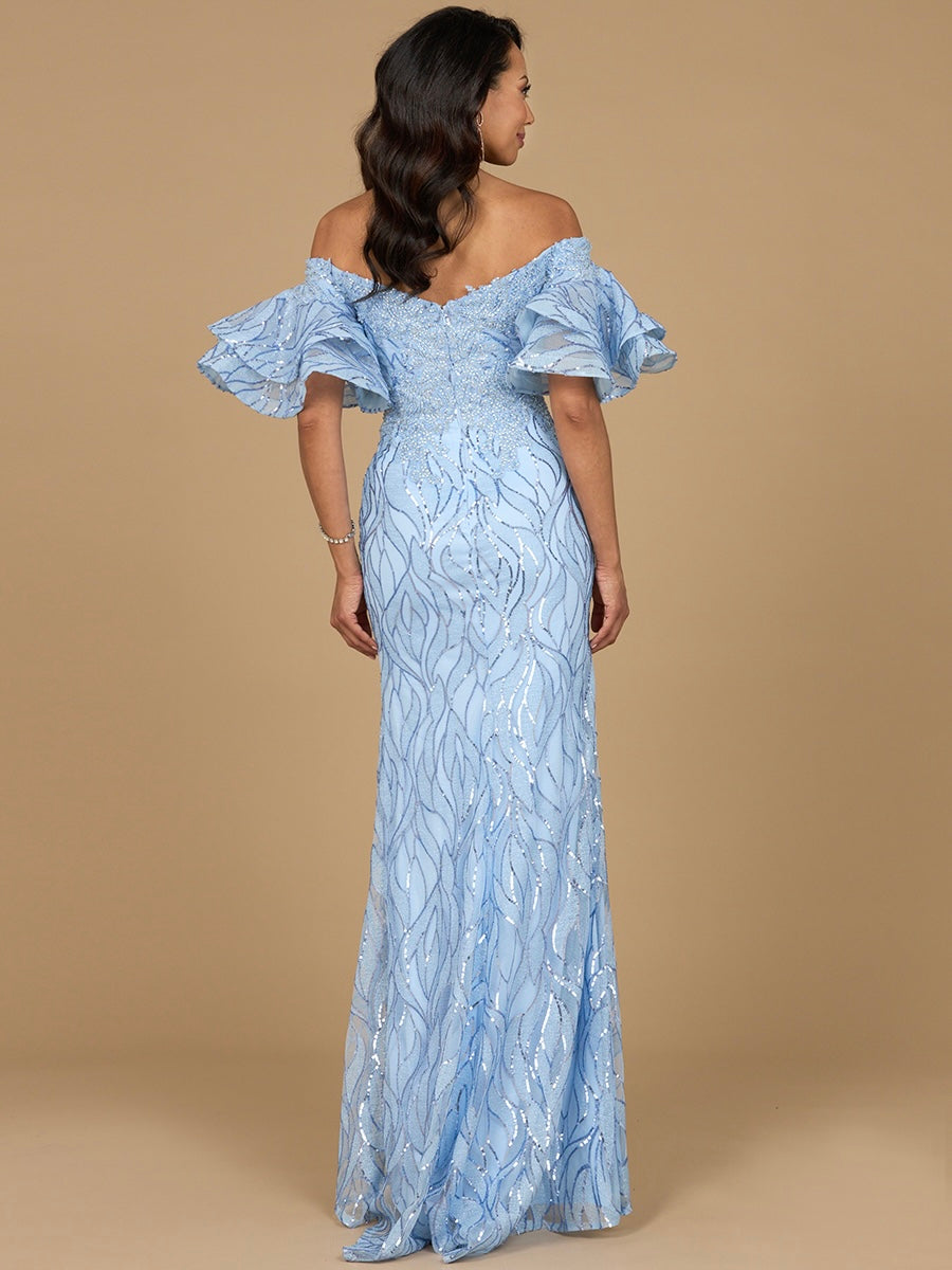 Robe sirène ornée de perles, épaules dénudées et manches à volants