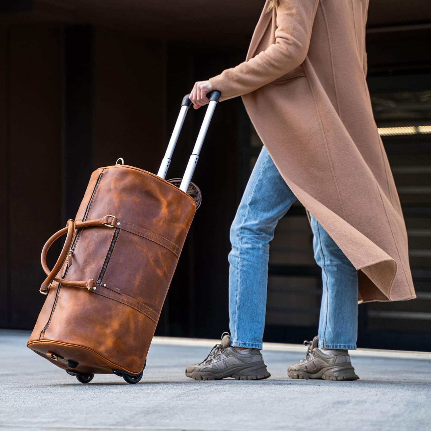 Tan Leather Trolley Bag 44L