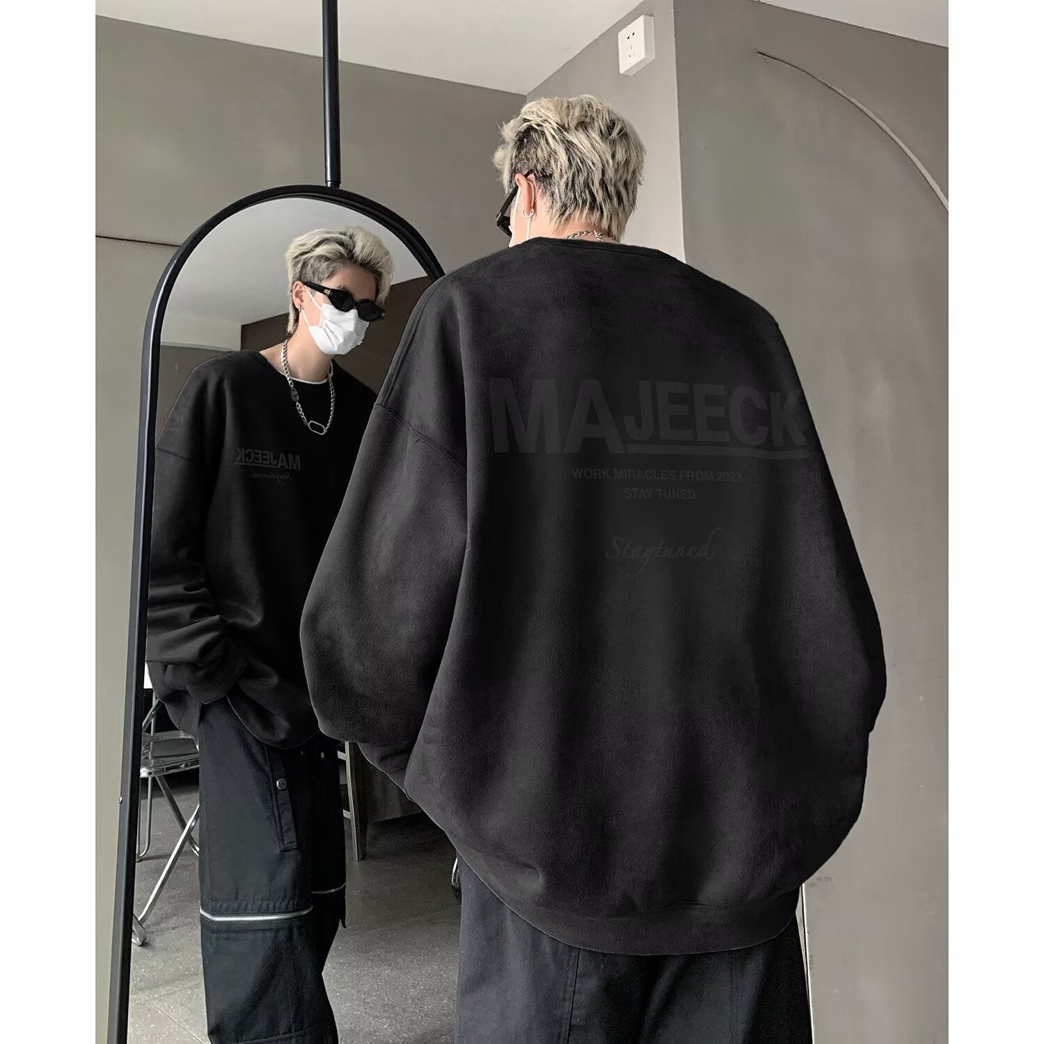 Suede Crewneck Sweatshirt for Men,West Coast Oversize, Youth Cool and Stylish Loose Top