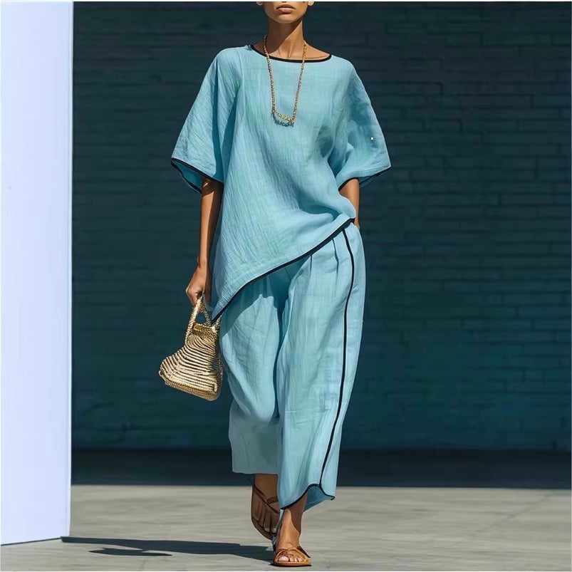 Ensemble haut et pantalon décontracté ample à manches courtes pour femme