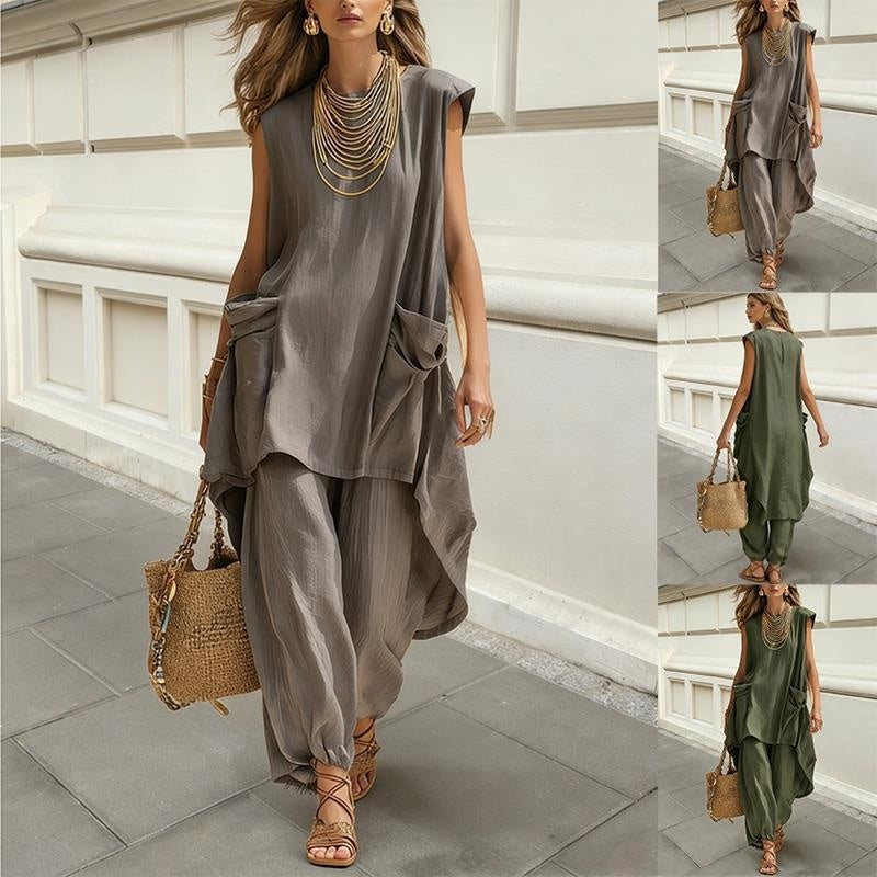 Sleeveless 3D-Cut Resort Two-Piece Set | Top & Trousers