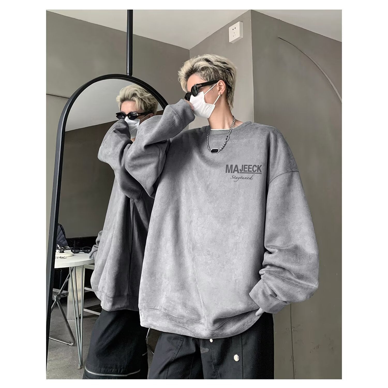 Suede Crewneck Sweatshirt for Men,West Coast Oversize, Youth Cool and Stylish Loose Top