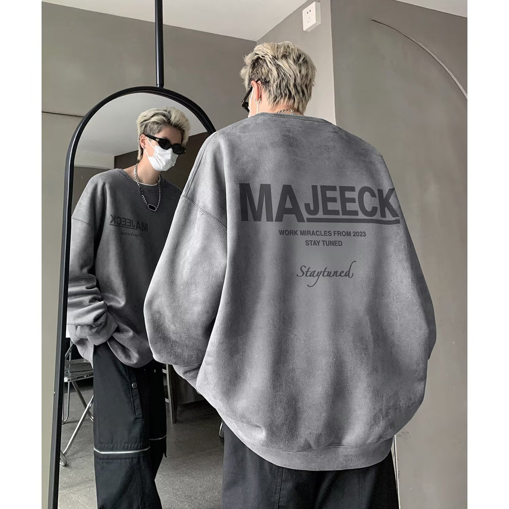 Suede Crewneck Sweatshirt for Men,West Coast Oversize, Youth Cool and Stylish Loose Top