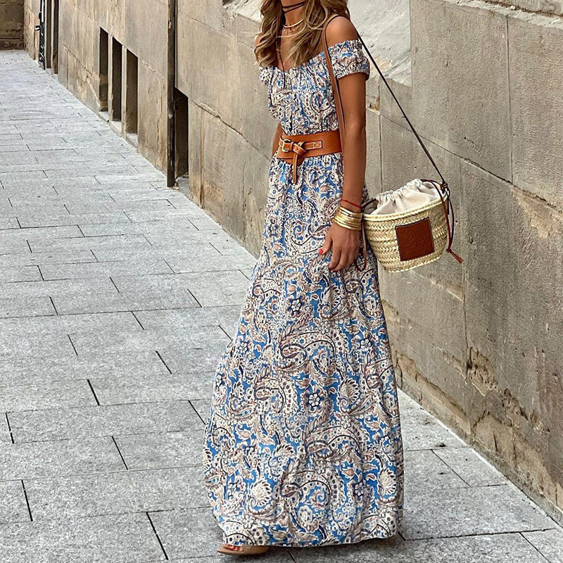 Summer Women Clothing Off Neck Short Sleeve Bohemian Dress