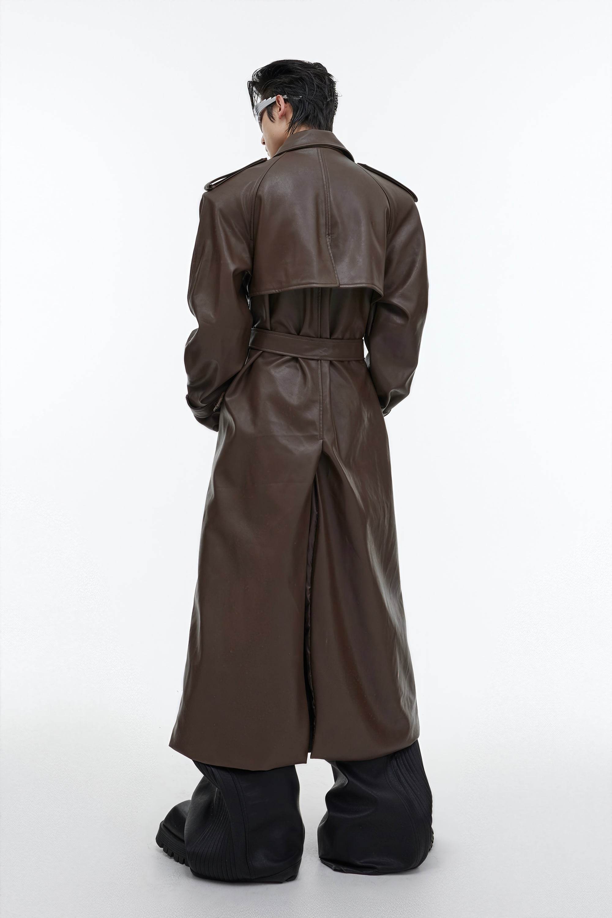 Structured PU Leather Coat - Oversized Trench with Shoulder Pads