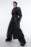 Structured PU Leather Coat - Oversized Trench with Shoulder Pads