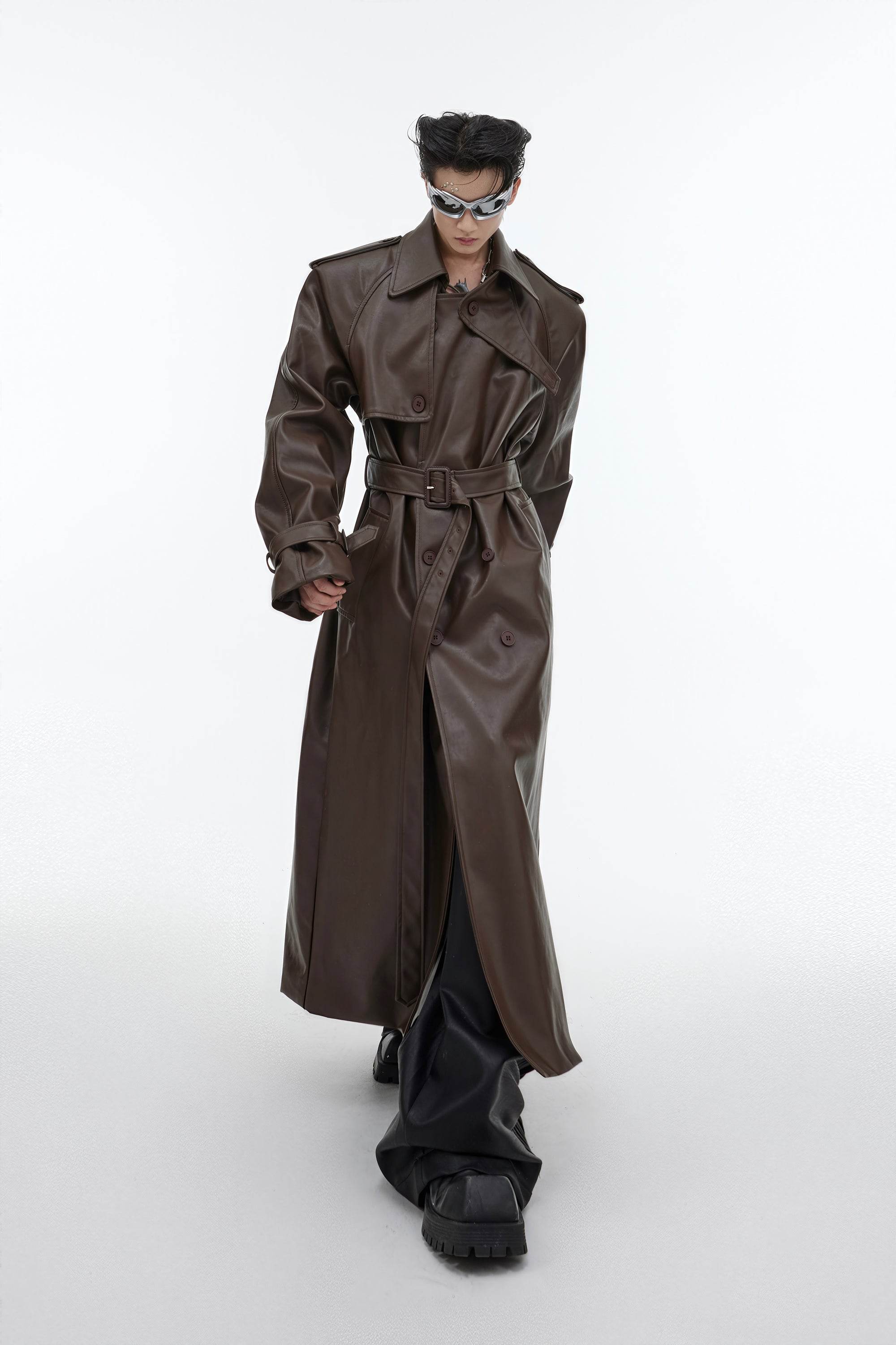 Structured PU Leather Coat - Oversized Trench with Shoulder Pads