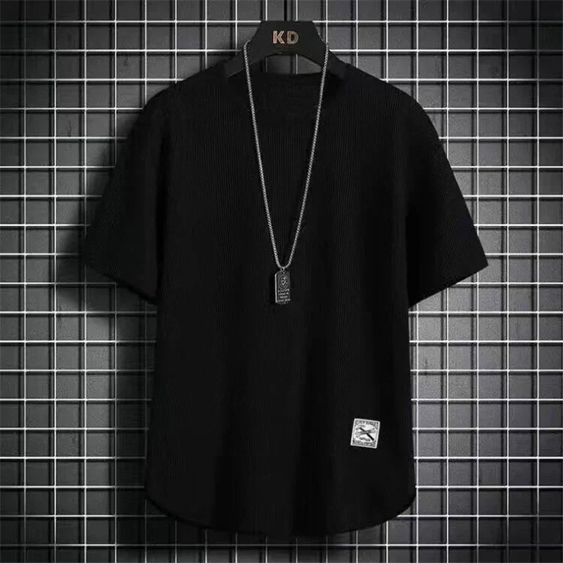 Men's Summer Trendy Simple Casual Short Sleeve T-shirts Y2K Harajuku Streetwear Appliques Tees Black White Round Neck Loose Tops