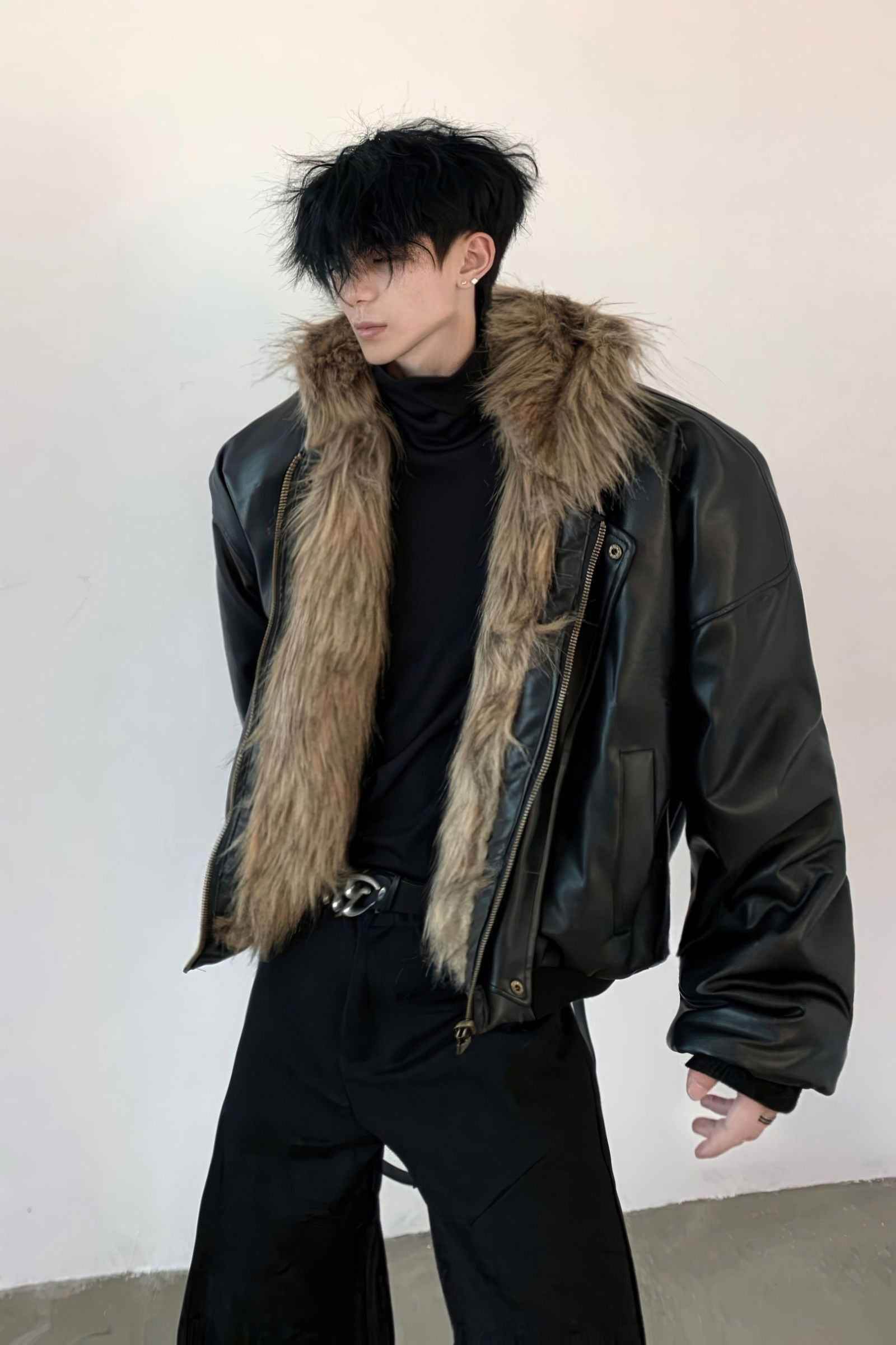 Winter Fashionable PU Leather Jacket for Men with Faux Fur, Reversible Design