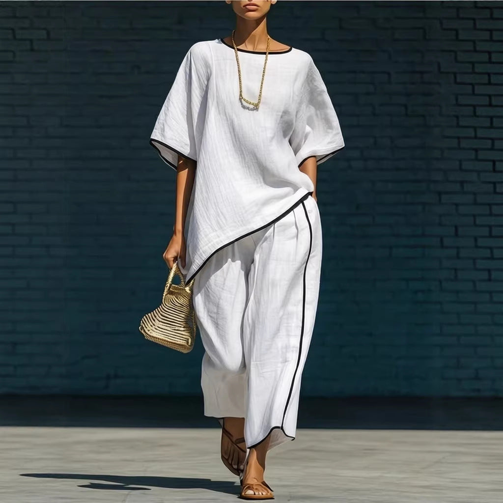 Ensemble haut et pantalon décontracté ample à manches courtes pour femme