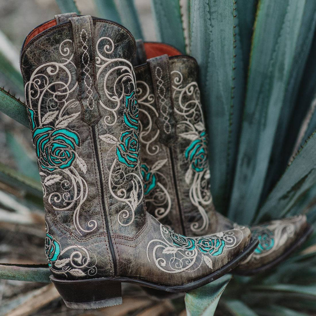 Turquoise Rose Inlaid Women's Cowgirl Boots (M50032)