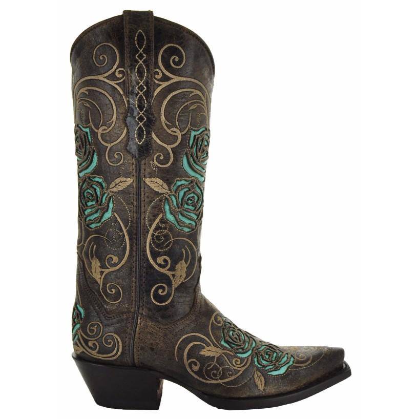 Turquoise Rose Inlaid Women's Cowgirl Boots (M50032)
