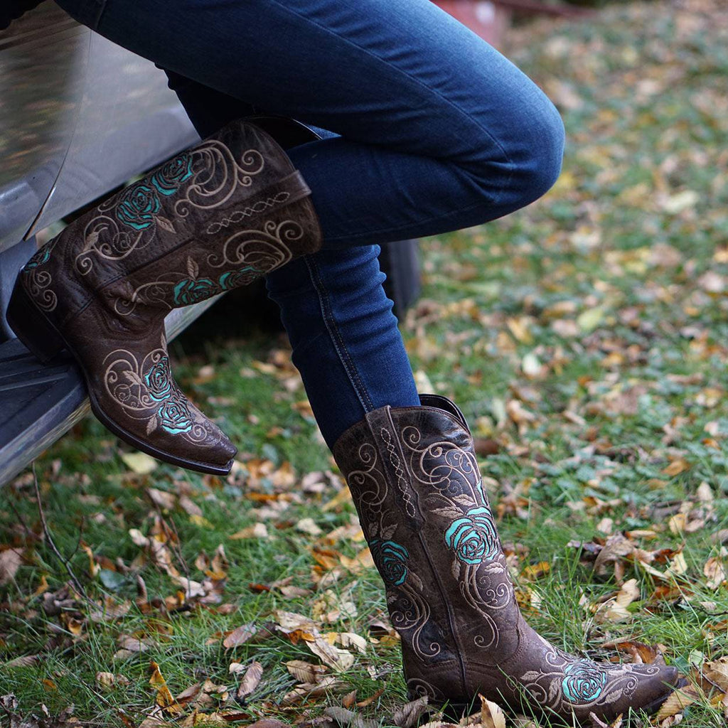 Turquoise Rose Inlaid Women's Cowgirl Boots (M50032)
